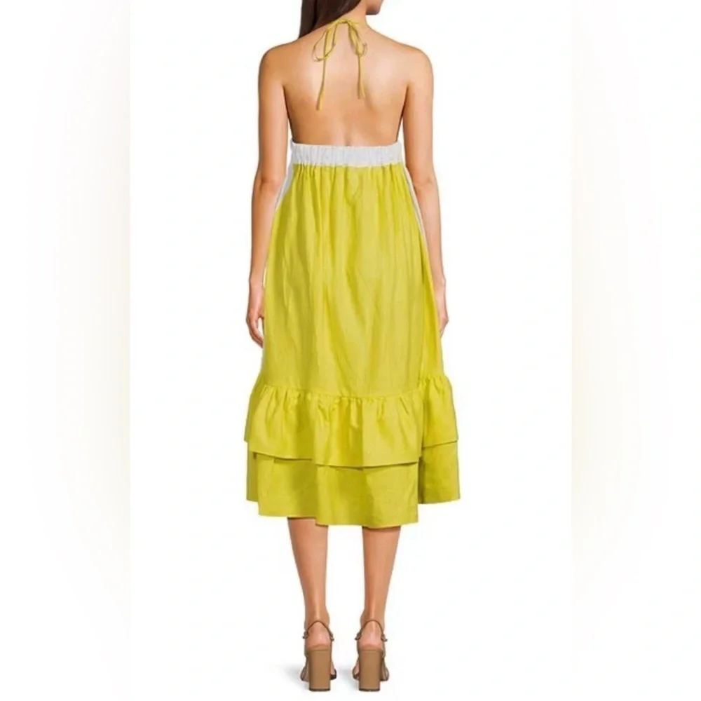 Fanm Mon Yamile 100% Linen Floral Embroidered Halter Midi Dress Mustard Lime NWT